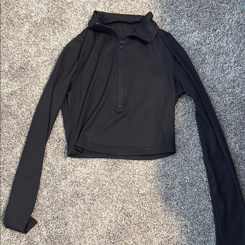 SHEIN Black Polo Collar Crop Top Fitted Long Sleeve